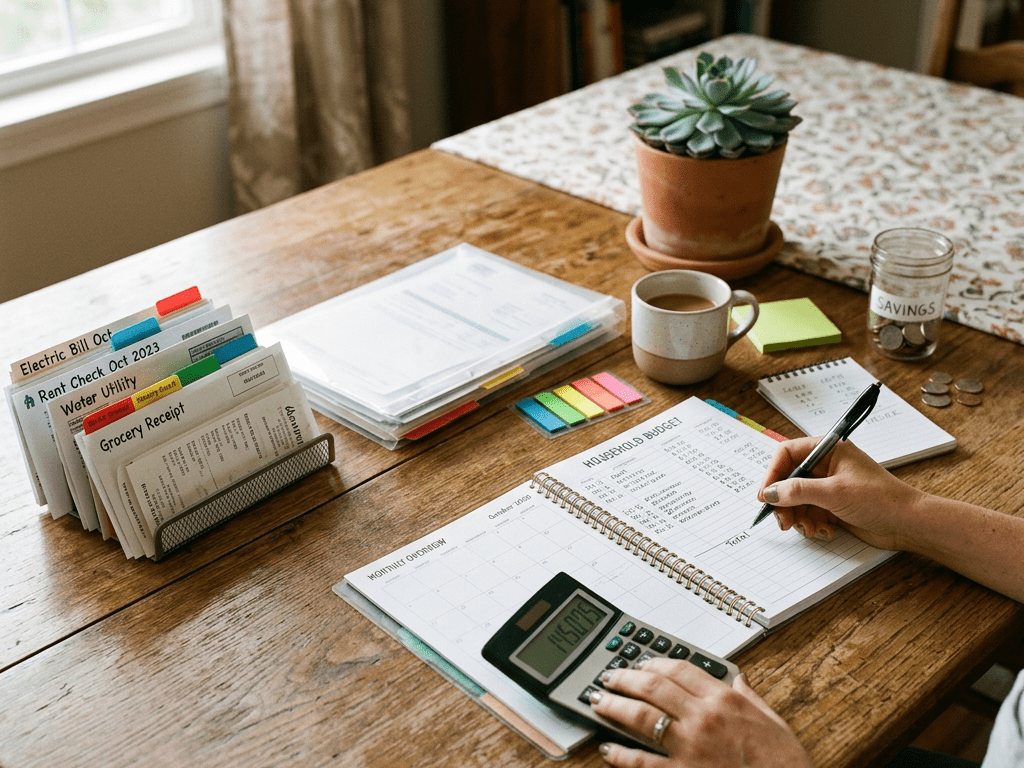 Person calculating household expenses beside bills, receipts, and a budget notebook
