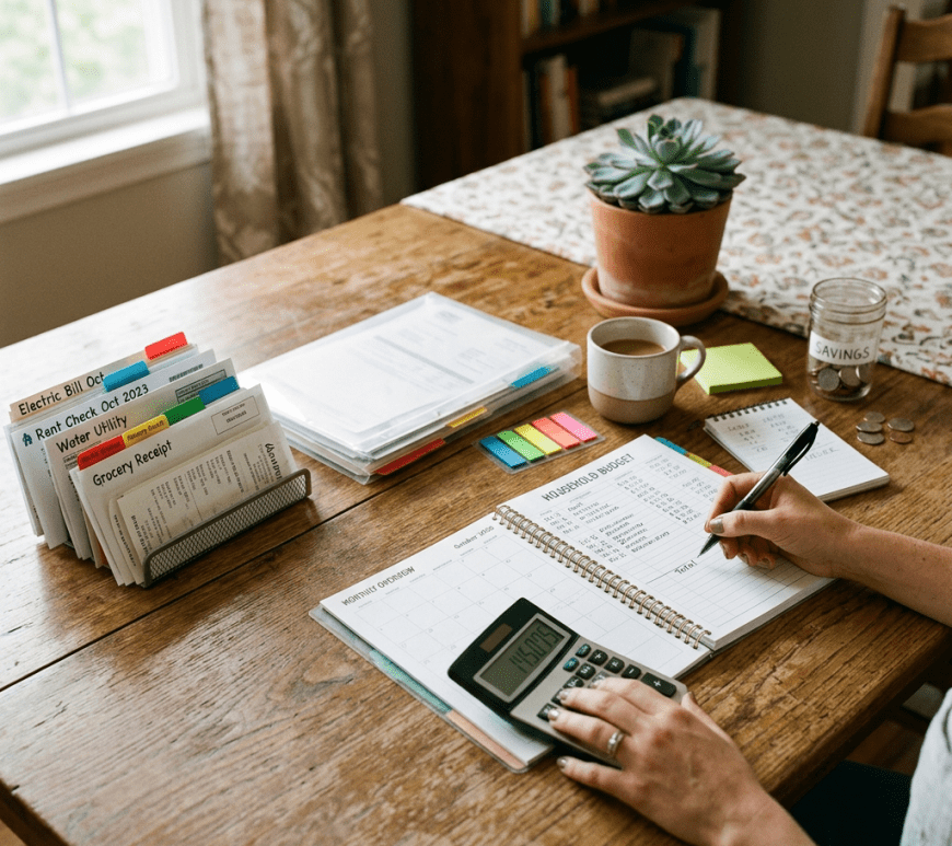 Person calculating household expenses beside bills, receipts, and a budget notebook