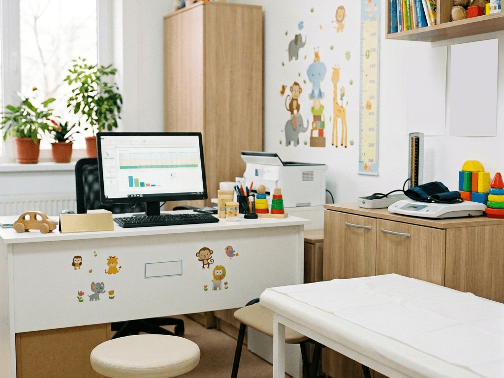 Pediatrician examining a girl while her mother sits beside her