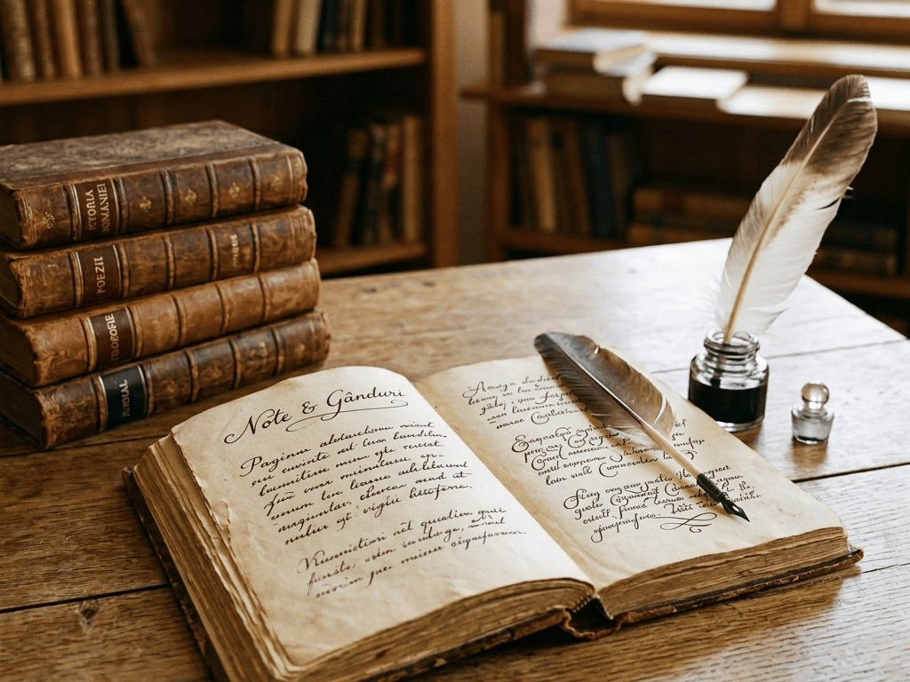 Open handwritten journal reading “NOTE & GÂNDURI” and “Pagină de gânduri: Amintiri...”, beside a quill and antique books